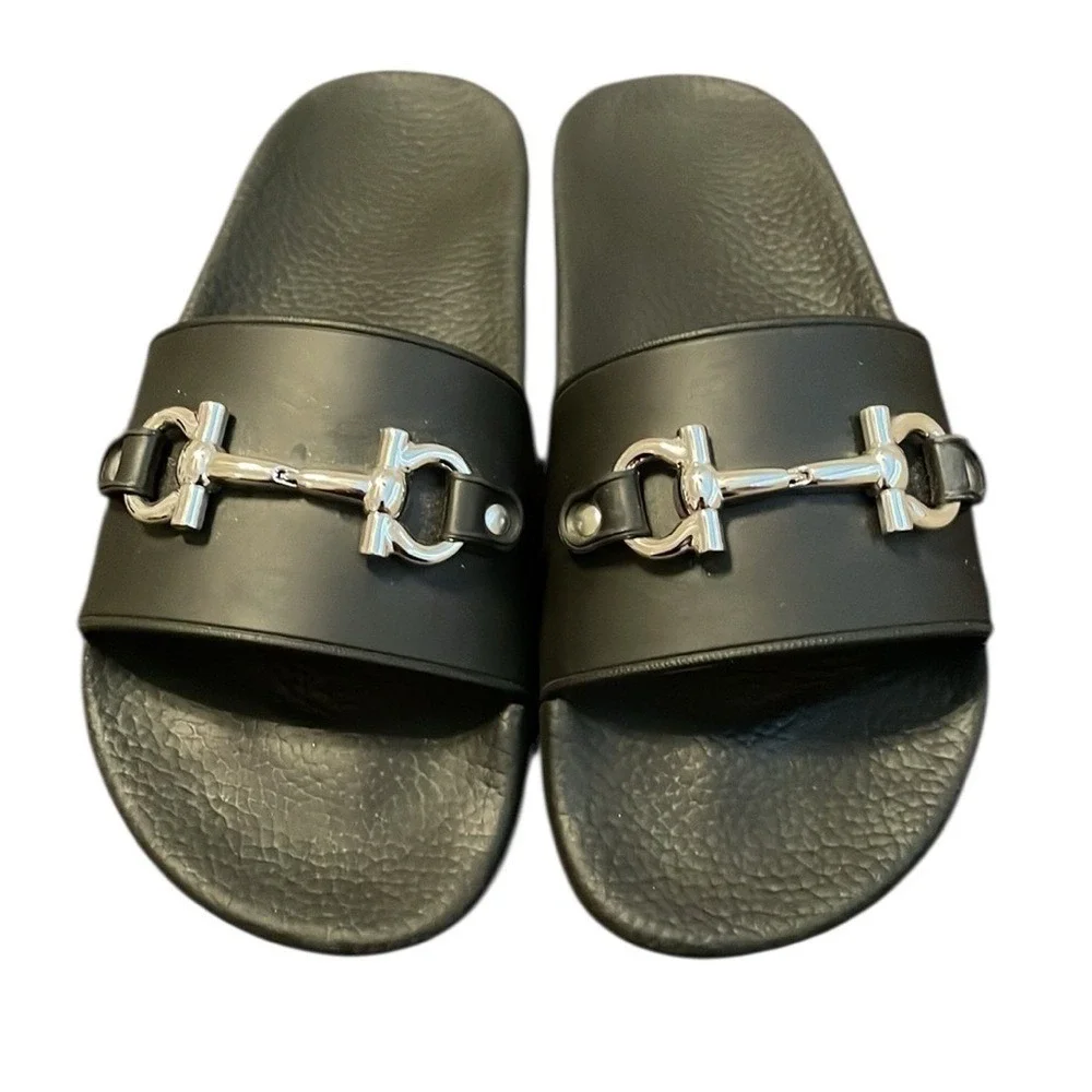 Salvatore Ferragamo Men's Black Groovy Silver‎ Buckle Slides Size 7M
